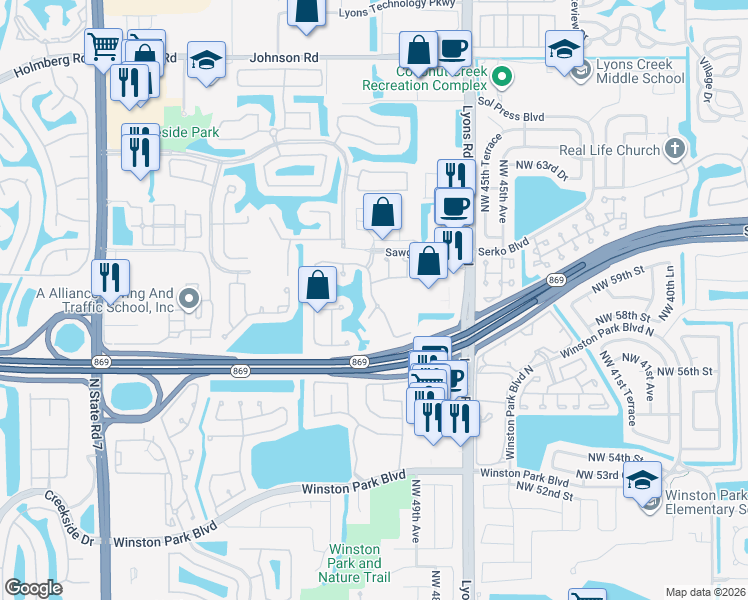 map of restaurants, bars, coffee shops, grocery stores, and more near 4765 Northwest 59th Manor in Coconut Creek