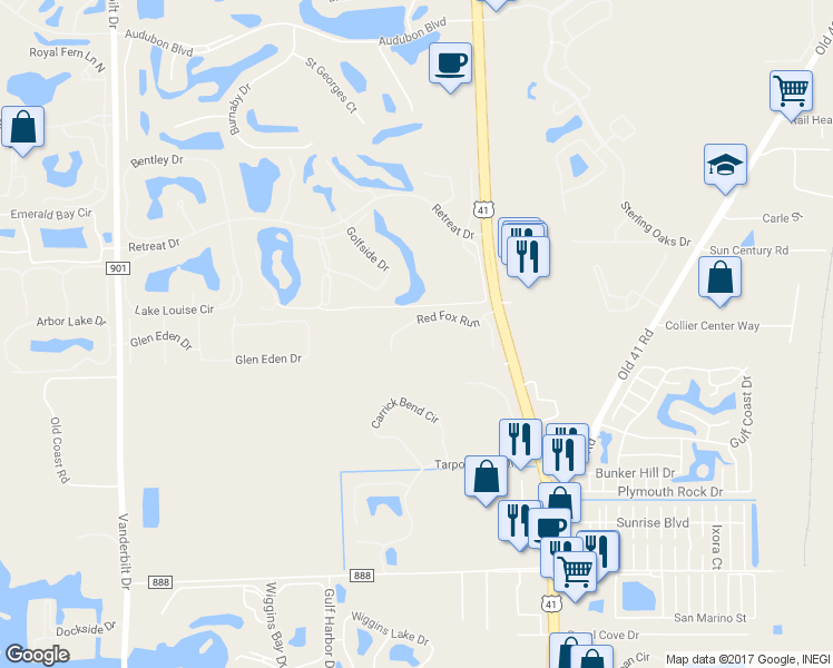 map of restaurants, bars, coffee shops, grocery stores, and more near 14540 Red Fox Run in Naples