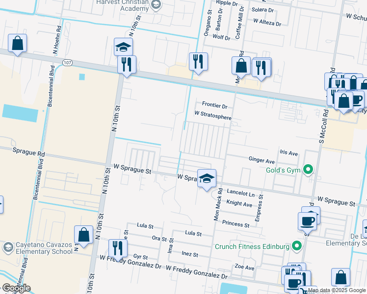 map of restaurants, bars, coffee shops, grocery stores, and more near 513 Teague Avenue in Edinburg