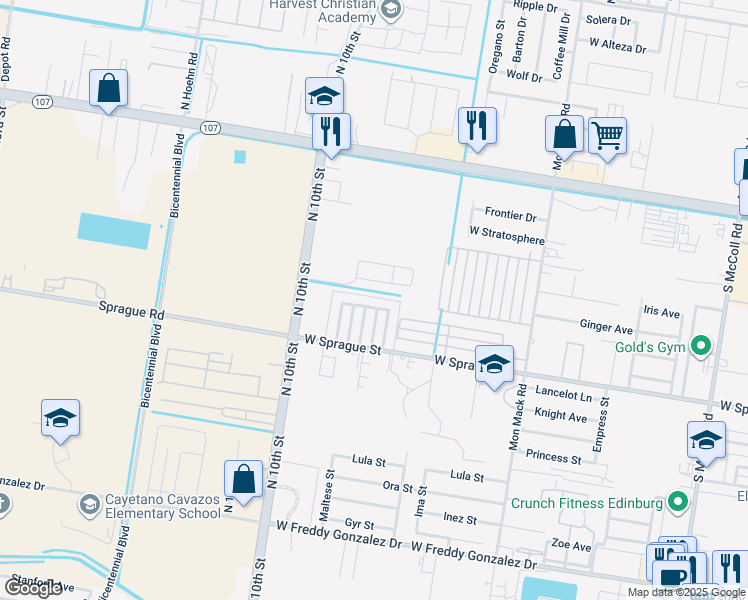 map of restaurants, bars, coffee shops, grocery stores, and more near 4107 West La Guardia Lane in Edinburg