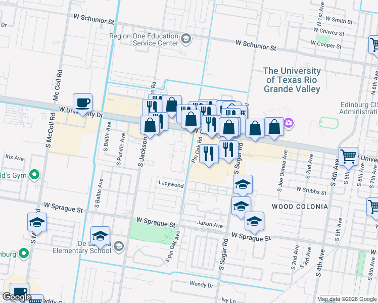 map of restaurants, bars, coffee shops, grocery stores, and more near 212 Gastel Cir in Edinburg