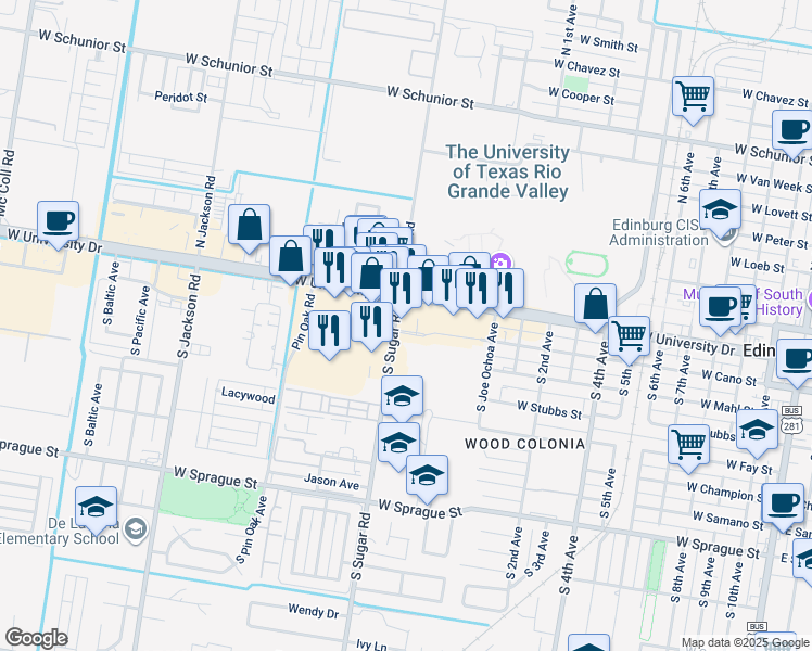 map of restaurants, bars, coffee shops, grocery stores, and more near 1516 West University Drive in Edinburg