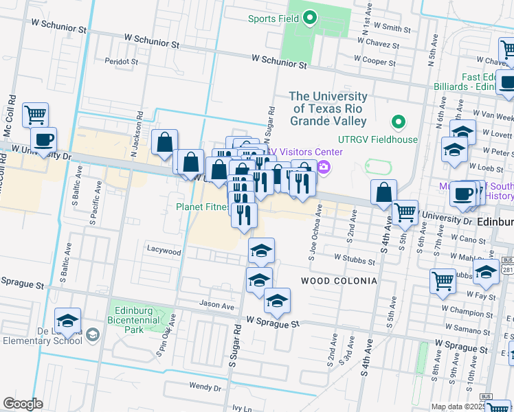map of restaurants, bars, coffee shops, grocery stores, and more near 510 South Sugar Road in Edinburg