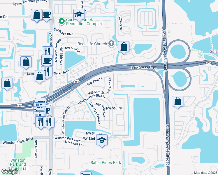 map of restaurants, bars, coffee shops, grocery stores, and more near 5851 Northwest 40th Lane in Coconut Creek