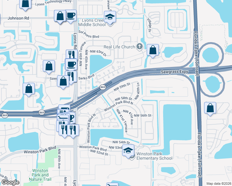 map of restaurants, bars, coffee shops, grocery stores, and more near 5874 Northwest 41st Way in Coconut Creek