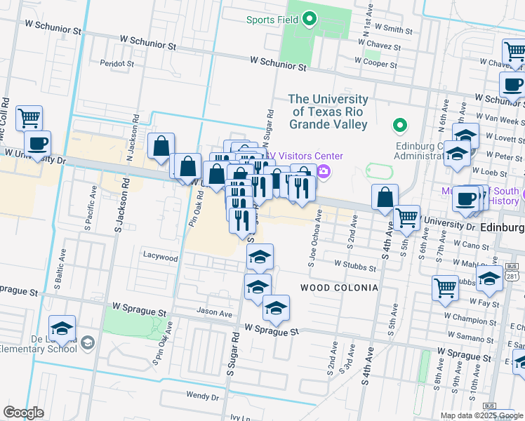 map of restaurants, bars, coffee shops, grocery stores, and more near 1516 W University Dr in Edinburg