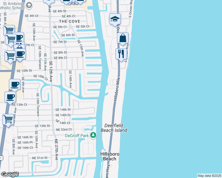 map of restaurants, bars, coffee shops, grocery stores, and more near 1221 Hillsboro Mile in Hillsboro Beach