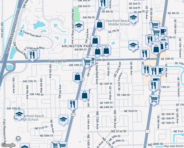 map of restaurants, bars, coffee shops, grocery stores, and more near 1173 Southwest 1st Terrace in Deerfield Beach