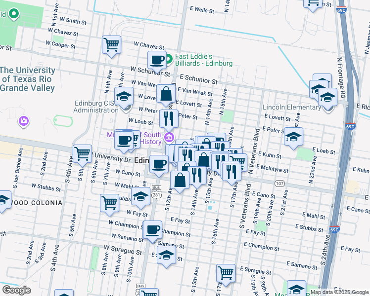 map of restaurants, bars, coffee shops, grocery stores, and more near 201 North 13th Avenue in Edinburg