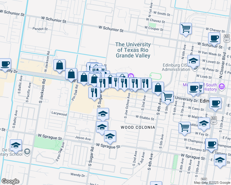 map of restaurants, bars, coffee shops, grocery stores, and more near 1382 West University Drive in Edinburg