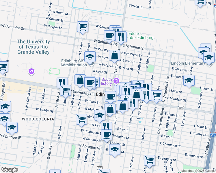 map of restaurants, bars, coffee shops, grocery stores, and more near 121 West McIntyre Street in Edinburg