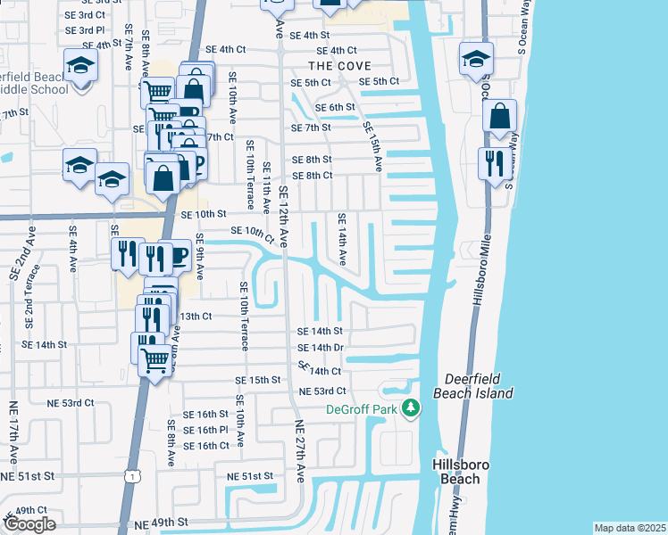 map of restaurants, bars, coffee shops, grocery stores, and more near 1316 Southeast 12th Street in Deerfield Beach