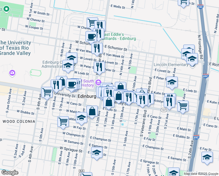 map of restaurants, bars, coffee shops, grocery stores, and more near 201 North 13th Avenue in Edinburg