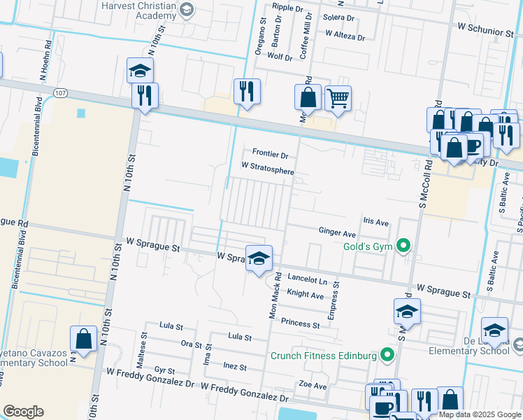 map of restaurants, bars, coffee shops, grocery stores, and more near 512 Downing Avenue in Edinburg
