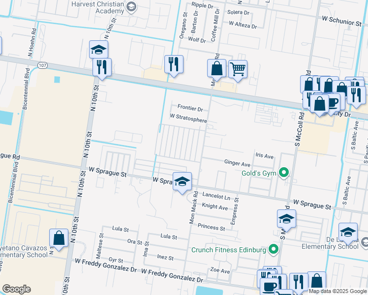 map of restaurants, bars, coffee shops, grocery stores, and more near 512 Downing Avenue in Edinburg