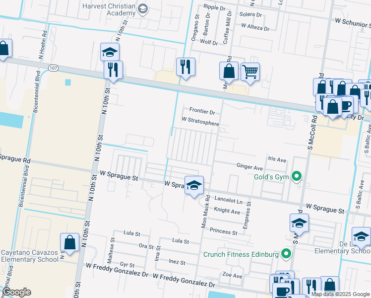 map of restaurants, bars, coffee shops, grocery stores, and more near 512 Downing Avenue in Edinburg