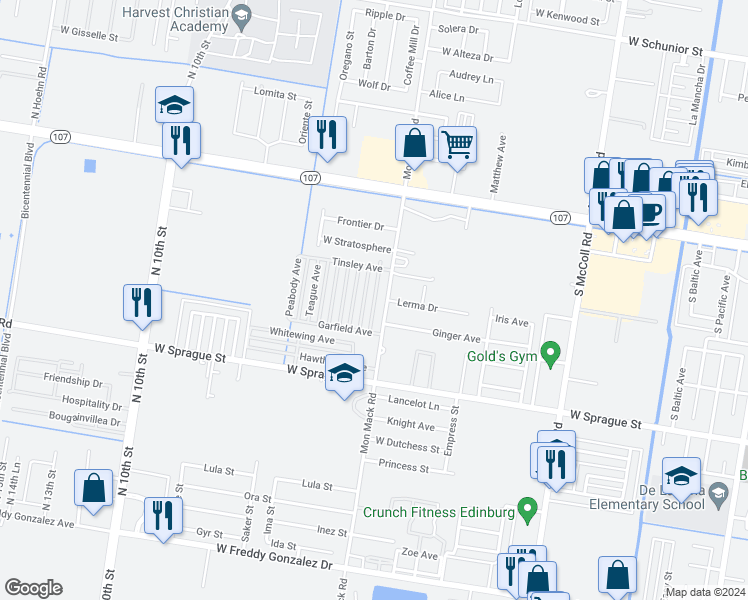 map of restaurants, bars, coffee shops, grocery stores, and more near 419 Teague Avenue in Edinburg