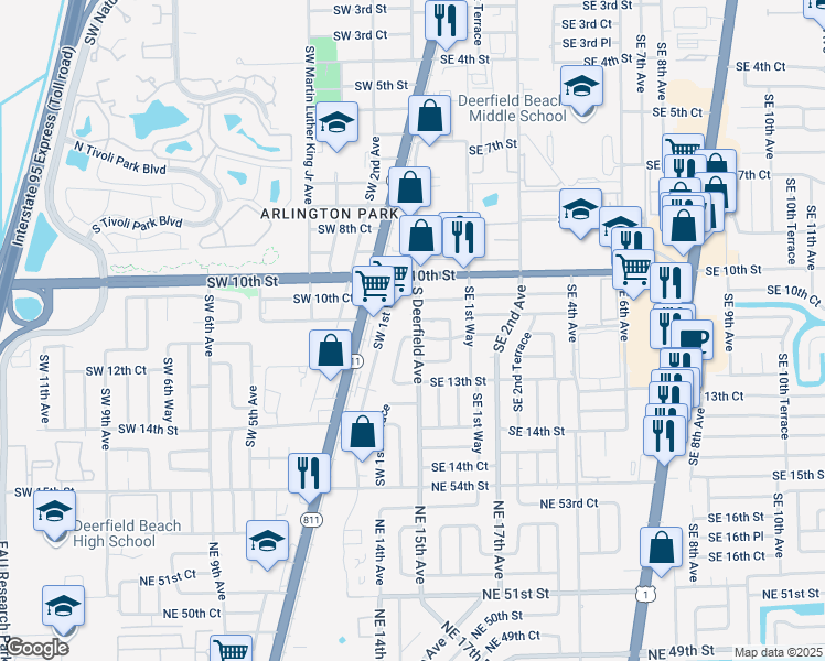 map of restaurants, bars, coffee shops, grocery stores, and more near 4 Southeast 11th Court in Deerfield Beach