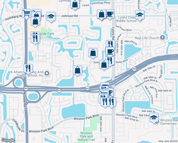 map of restaurants, bars, coffee shops, grocery stores, and more near 4835 Northwest 58th Place in Coconut Creek