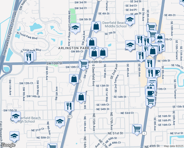 map of restaurants, bars, coffee shops, grocery stores, and more near 1173 Southwest 1st Terrace in Deerfield Beach