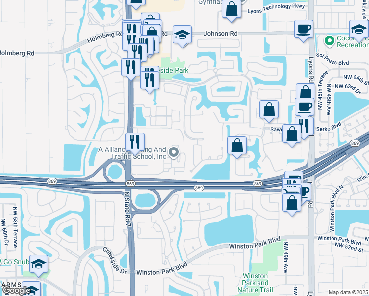 map of restaurants, bars, coffee shops, grocery stores, and more near 5540 Northwest 61st Street in Coconut Creek