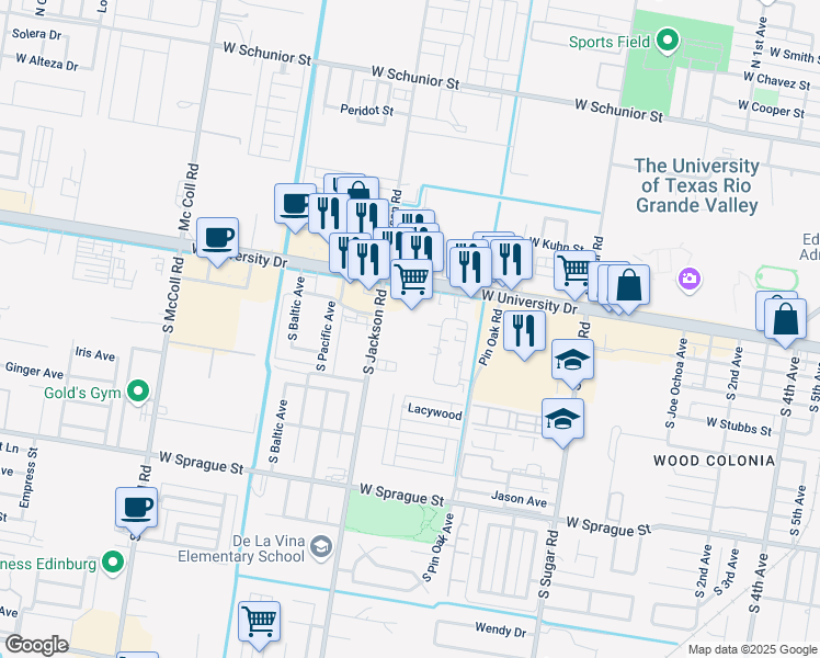 map of restaurants, bars, coffee shops, grocery stores, and more near 2104 Remington Avenue in Edinburg