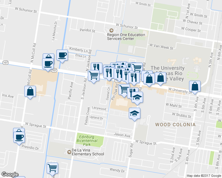 map of restaurants, bars, coffee shops, grocery stores, and more near 202 Gastel Circle in Edinburg