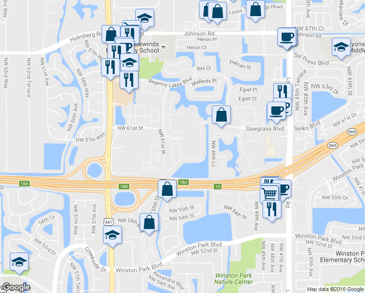 map of restaurants, bars, coffee shops, grocery stores, and more near 5852 Eagle Cay Terrace in Coconut Creek