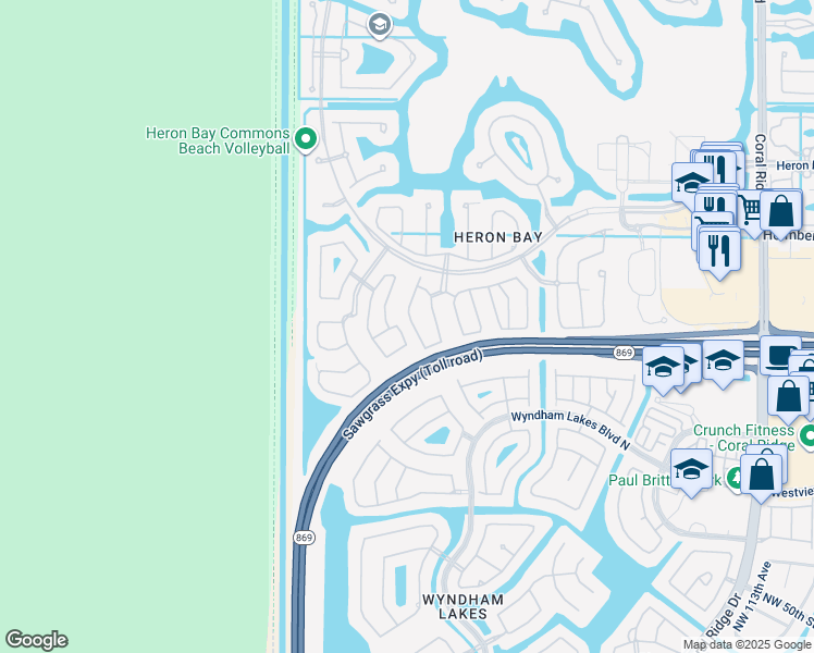 map of restaurants, bars, coffee shops, grocery stores, and more near 5842 Northwest 123rd Avenue in Coral Springs