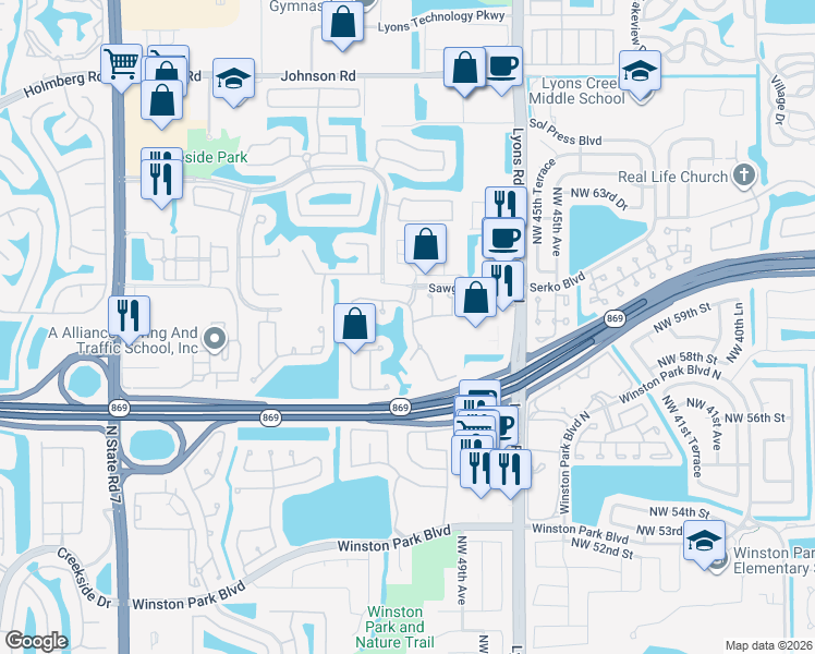 map of restaurants, bars, coffee shops, grocery stores, and more near 4835 Northwest 58th Place in Coconut Creek