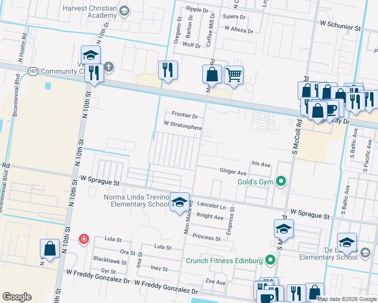 map of restaurants, bars, coffee shops, grocery stores, and more near 512 Newport Avenue in Edinburg
