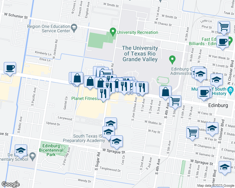 map of restaurants, bars, coffee shops, grocery stores, and more near 1410 West University Drive in Edinburg