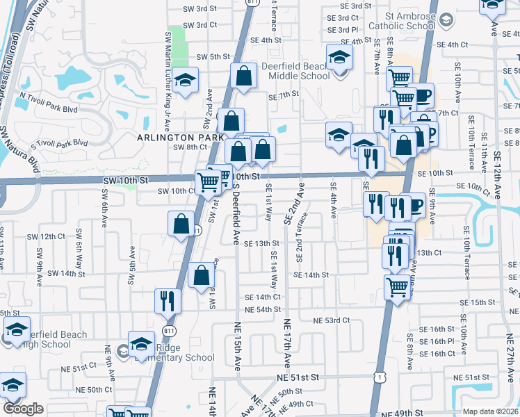 map of restaurants, bars, coffee shops, grocery stores, and more near 1162 Southeast 1st Way in Deerfield Beach