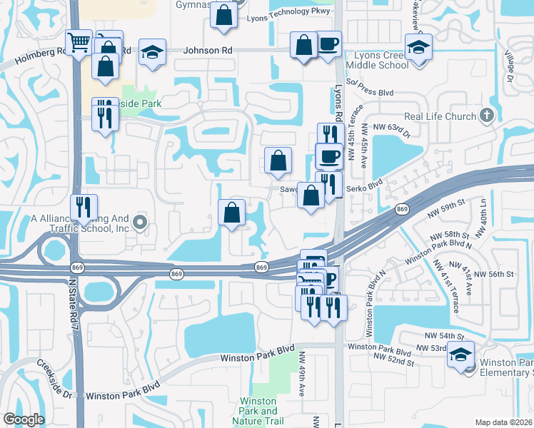 map of restaurants, bars, coffee shops, grocery stores, and more near 4835 Northwest 58th Place in Coconut Creek
