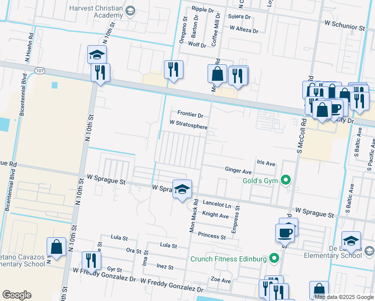 map of restaurants, bars, coffee shops, grocery stores, and more near 512 Downing Avenue in Edinburg