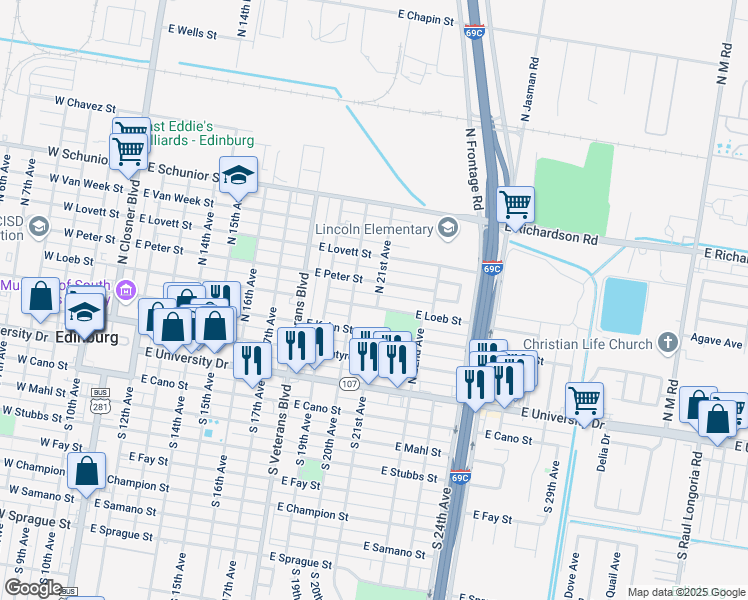 map of restaurants, bars, coffee shops, grocery stores, and more near 1023 East Kuhn Street in Edinburg