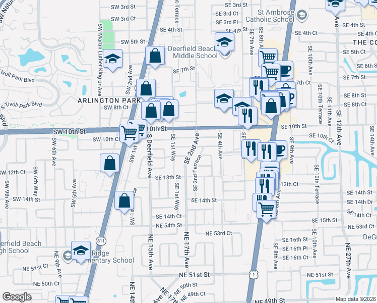 map of restaurants, bars, coffee shops, grocery stores, and more near 1162 Southeast 2nd Avenue in Deerfield Beach
