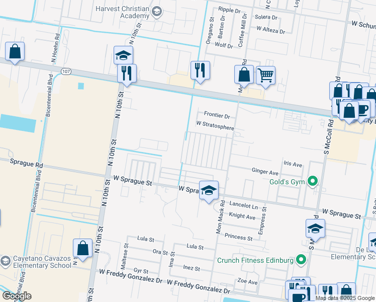 map of restaurants, bars, coffee shops, grocery stores, and more near 401 Mon Mack Road in Edinburg
