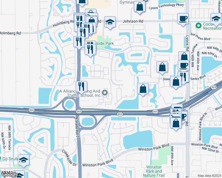 map of restaurants, bars, coffee shops, grocery stores, and more near 5540 Northwest 61st Street in Coconut Creek