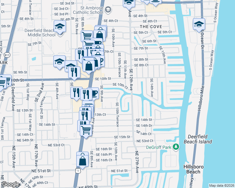 map of restaurants, bars, coffee shops, grocery stores, and more near 1201 Southeast 10th Terrace in Deerfield Beach