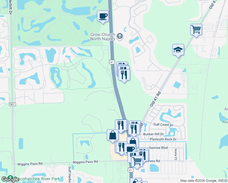 map of restaurants, bars, coffee shops, grocery stores, and more near 14005 Tamiami Trail North in Naples
