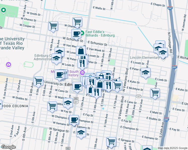 map of restaurants, bars, coffee shops, grocery stores, and more near 201 North 13th Avenue in Edinburg