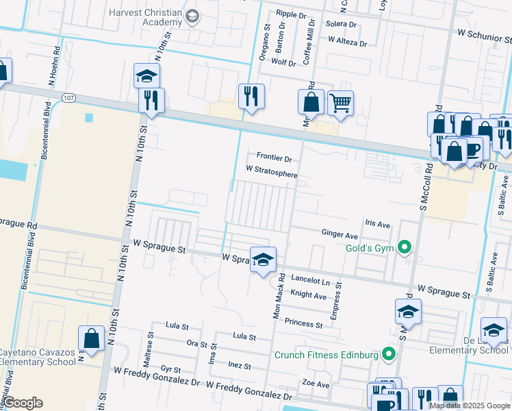 map of restaurants, bars, coffee shops, grocery stores, and more near 512 Downing Avenue in Edinburg