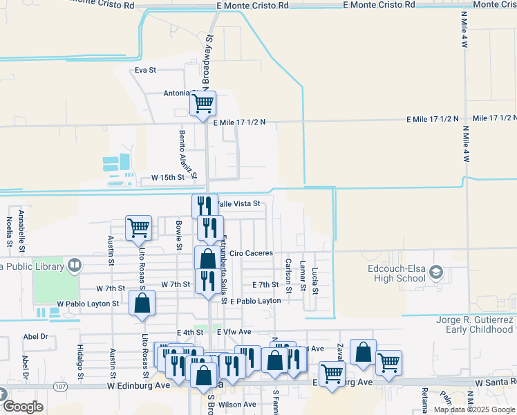 map of restaurants, bars, coffee shops, grocery stores, and more near 936 Navarro Street in Elsa