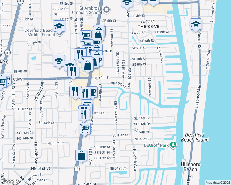 map of restaurants, bars, coffee shops, grocery stores, and more near 1004 Southeast 11th Street in Deerfield Beach