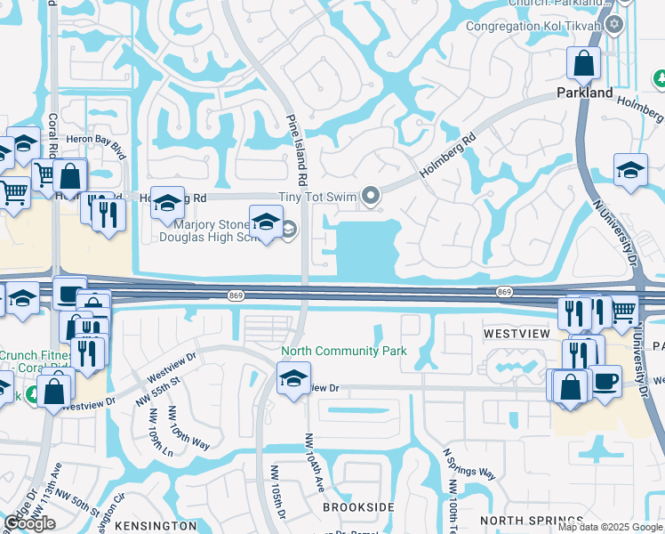 map of restaurants, bars, coffee shops, grocery stores, and more near 10408 Northwest 58th Place in Parkland