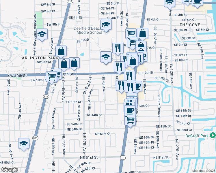 map of restaurants, bars, coffee shops, grocery stores, and more near 1180 Southeast 4th Avenue in Deerfield Beach