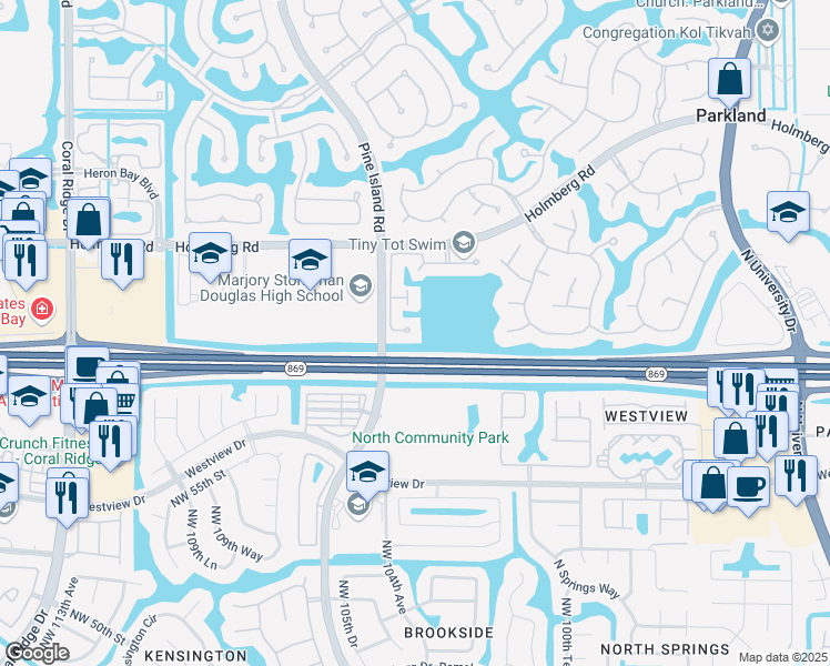 map of restaurants, bars, coffee shops, grocery stores, and more near 10408 Northwest 58th Place in Parkland