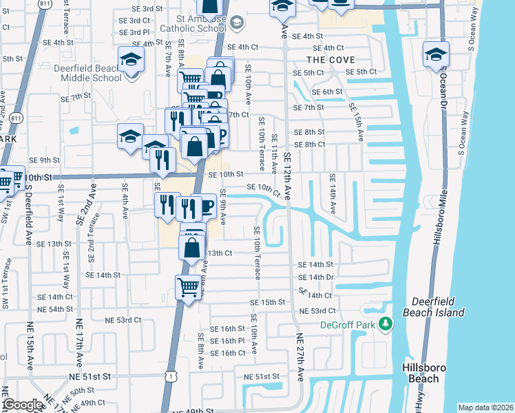 map of restaurants, bars, coffee shops, grocery stores, and more near 1004 Southeast 11th Street in Deerfield Beach