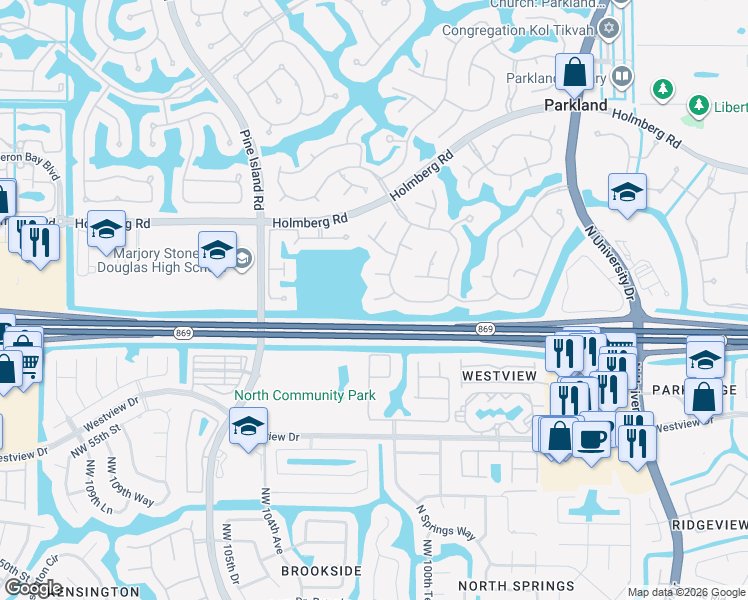 map of restaurants, bars, coffee shops, grocery stores, and more near 12527 Northwest 58th Court in Parkland
